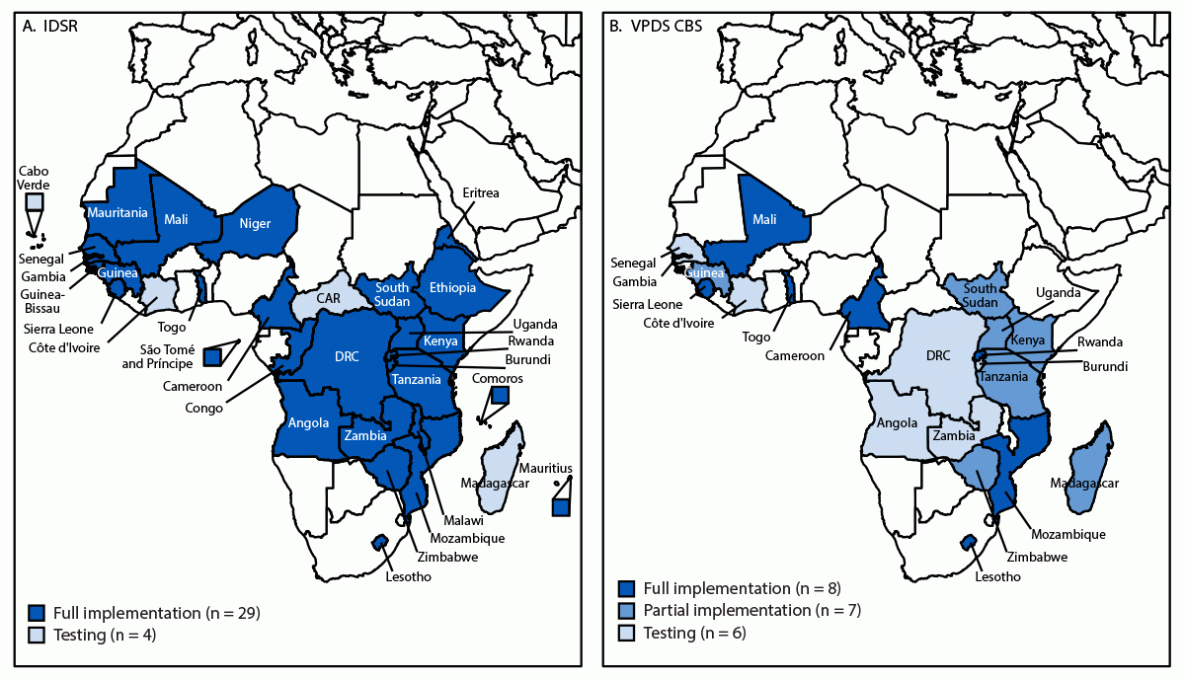 The figure comprises two maps of the World Health Organization African Region, one indicating the status of Integrated Disease Surveillance and Response, and the other indicating the status of vaccine-preventable disease case-based surveillance District Health Information Software 2 implementation, by country during 2019–2023.