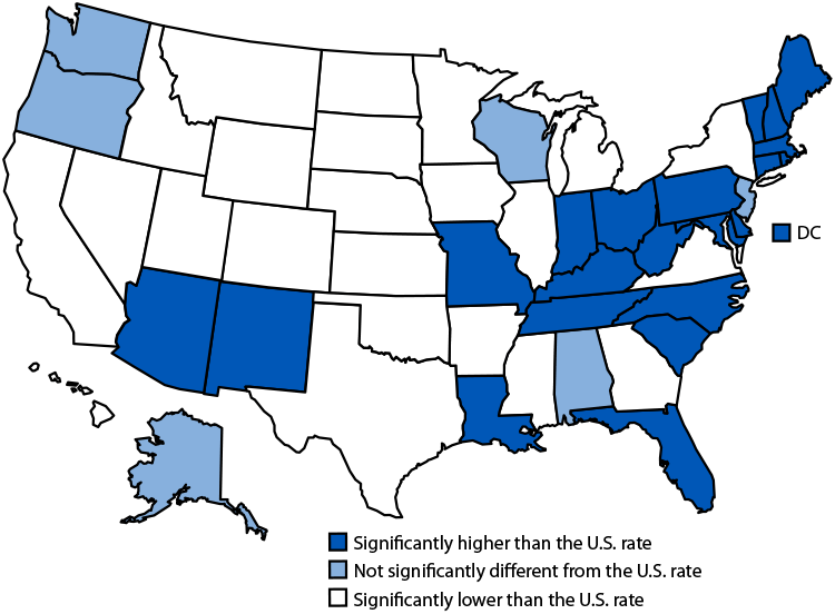 The figure is a map of the United States showing the age-adjusted drug overdose death rates, by state, during 2022 according to the National Center for Health Statistics.