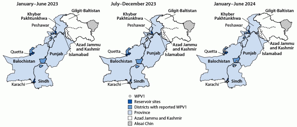 Figure 2 is a series of three maps illustrating the location of wild poliovirus type 1 cases, by province and period, in Pakistan during January 2023–June 2024.