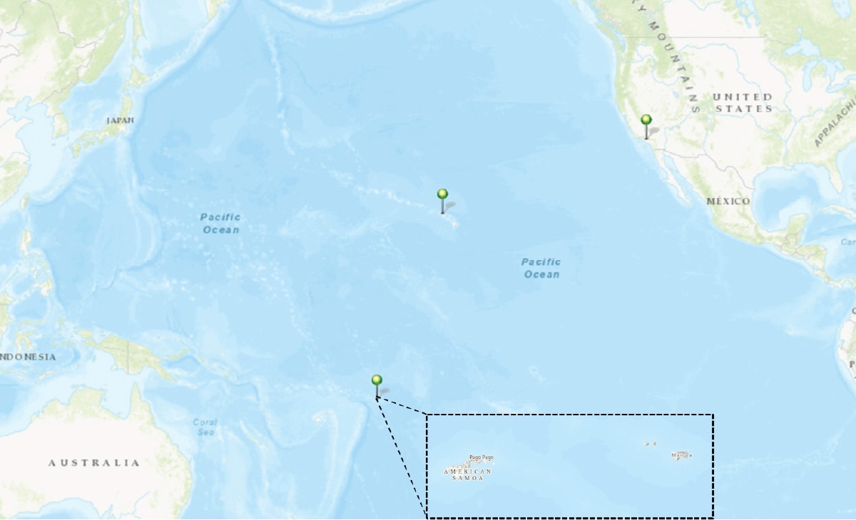 The figure is a map of the geographic locations of American Samoa, Hawaii, and California where laboratory testing was performed for measles during a pediatric rash illness outbreak in American Samoa during March–July 2023.