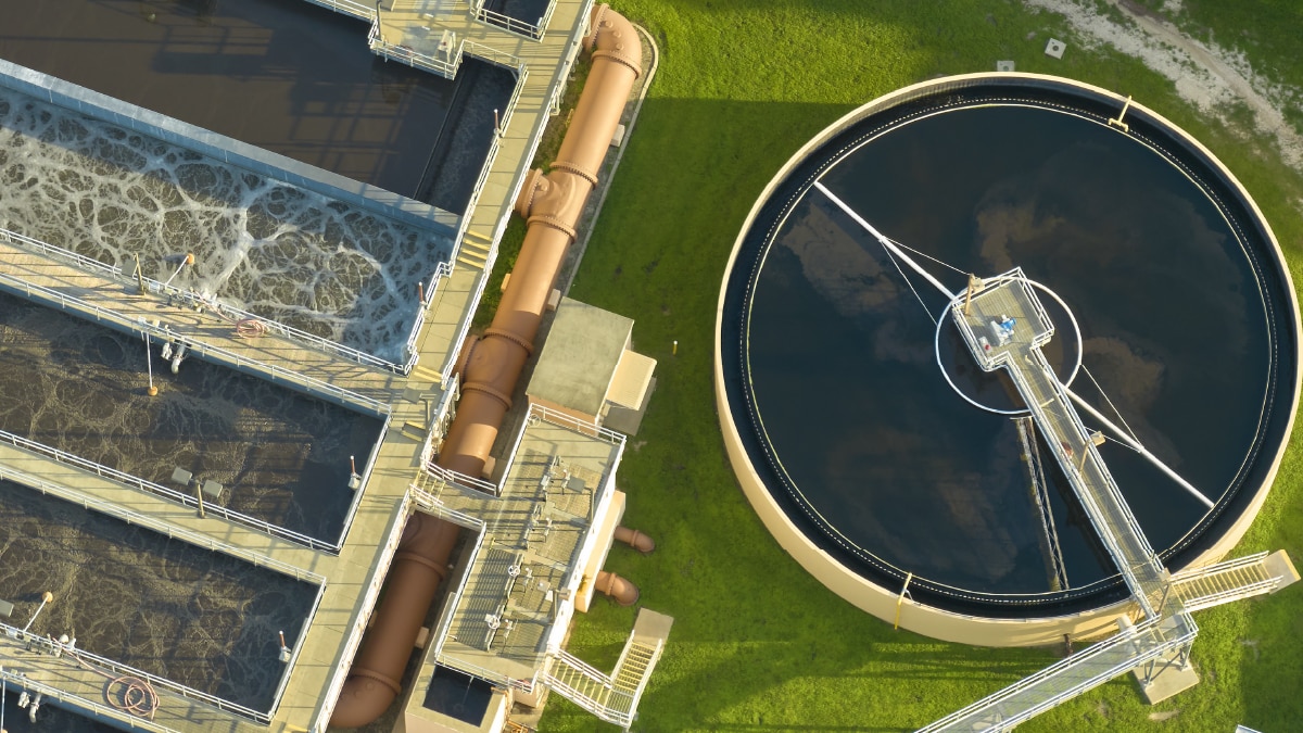 The image shows an aerial view of a water treatment facility.