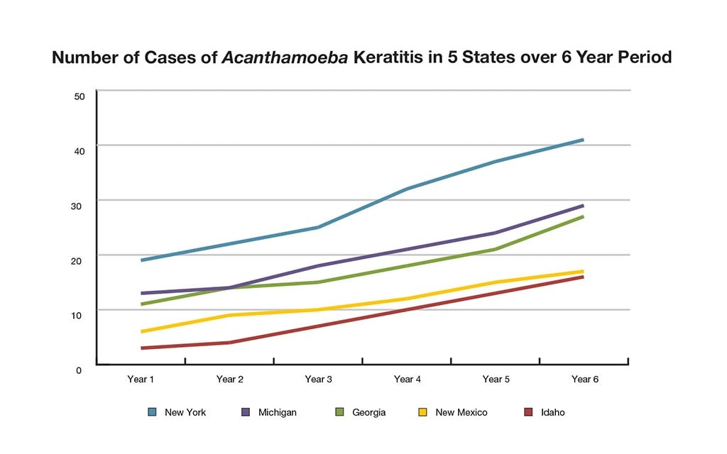 Number of cases acanthamoeba keratitis in 5 states over 6 year period.
Year 1 New York 19 Michigan 13 Georgia 11  New Mexico 6 Idaho 3
Year 2 New York 22 Michigan 14 Georgia 14  New Mexico 9 Idaho 4
Year 3 New York 25 Michigan 18 Georgia 15  New Mexico 10 Idaho 7
Year 4 New York 32 Michigan 21 Georgia 18  New Mexico 12 Idaho 10
Year 5 New York 37 Michigan 24 Georgia 21  New Mexico 15 Idaho 13
Year 6 New York 41 Michigan 29 Georgia 27  New Mexico 17 Idaho 16