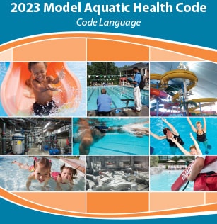 Thumbnail image of the Model Aquatic Health Code 2023 cover which shows people of different ages and ethnicities doing various activities in pools.