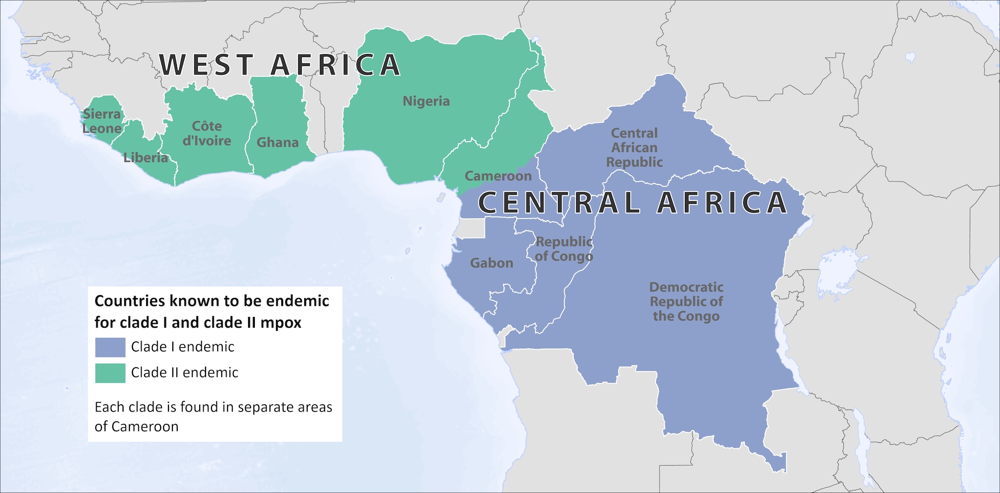 Map of West and Central Africa, showing countries endemic for Clade I and Clade II