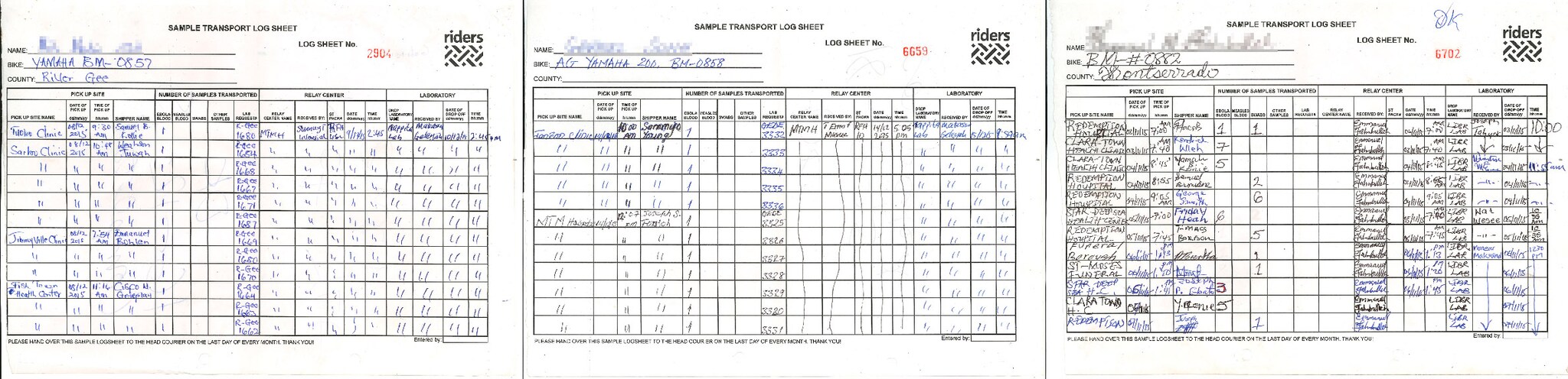 A used Ebola log sheet with several fields filled with information.