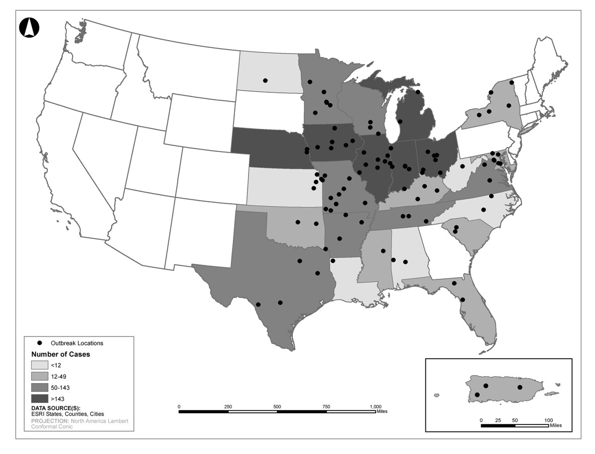 Map of U.S. shows outbreaks in dozens of states distributed across the Midwest and South and even as far northeast as New York