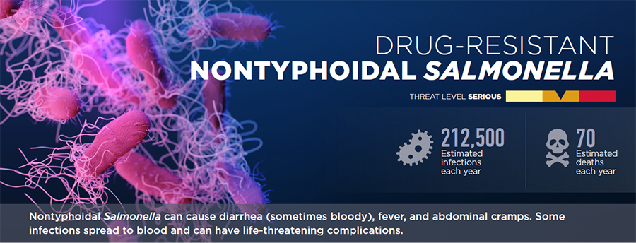 AR Threats Report factsheet on drug-resistant non-typhoidal Salmonella showing estimated infections and deaths per year and labeling it a serious threat.