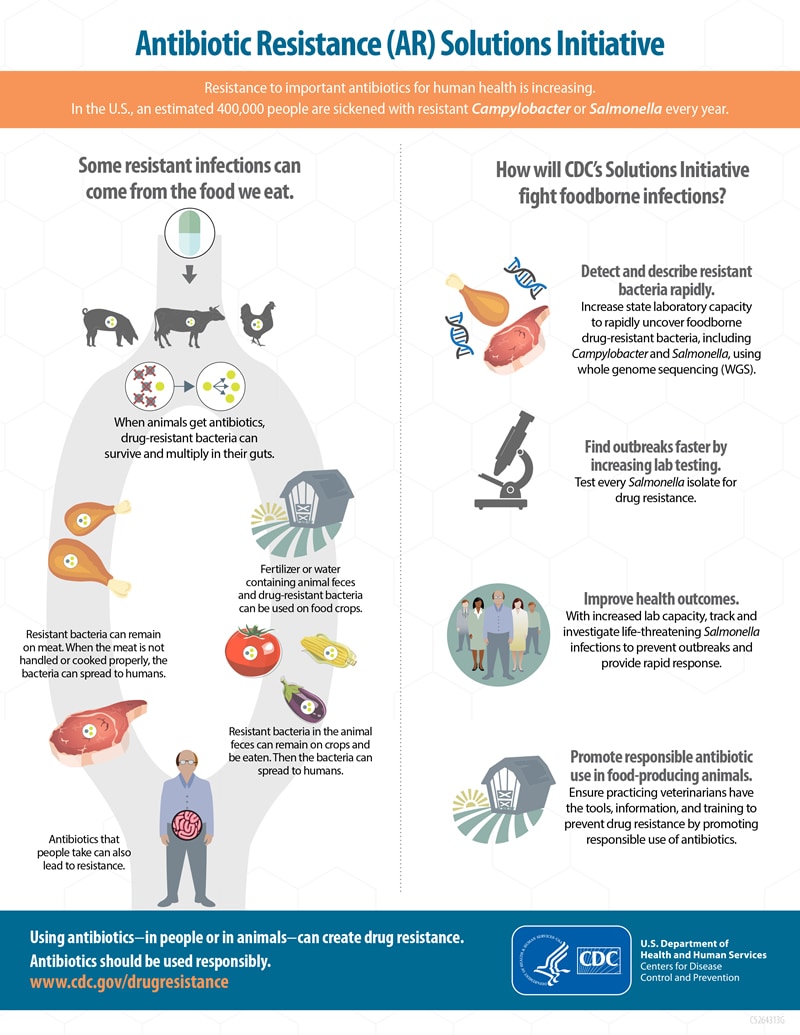 An infographic describing how people can get resistant infections from the food we eat, and how the Antibiotic Resistance (AR) Solutions Initiative is working to prevent foodborne infections.