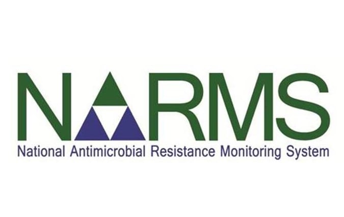 Logo for the National Antimicrobial Resistance Monitoring System, with three equilateral triangles taking the place of the A in NARMS.