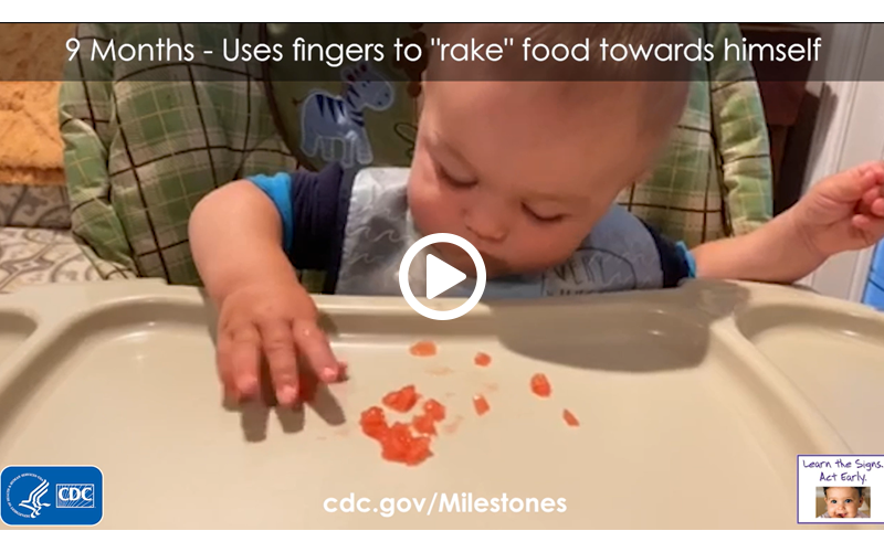 Uses fingers to "rake" food towards himself