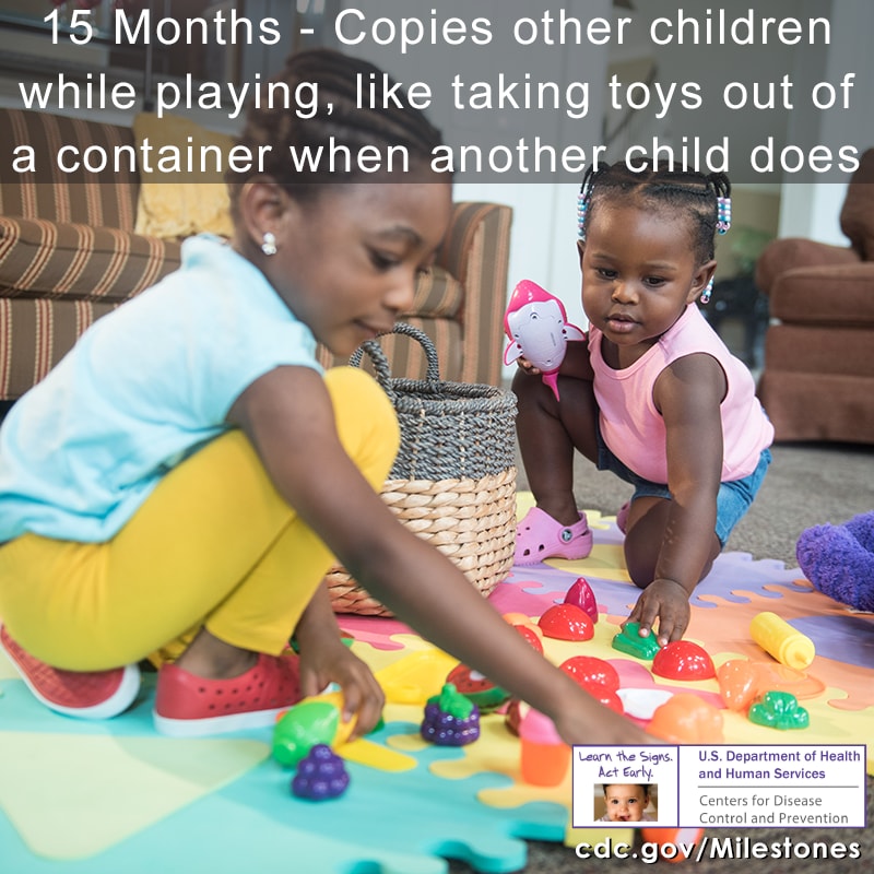 Copies other children while playing, like taking toys out of a container when another child does