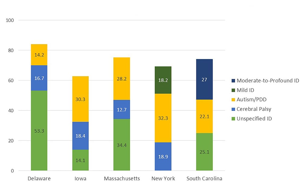 Stacked Bar Chart: Percentages of Top 3 IDD Diagnoses for Medicaid Users with IDD by State (2018-2013), details below