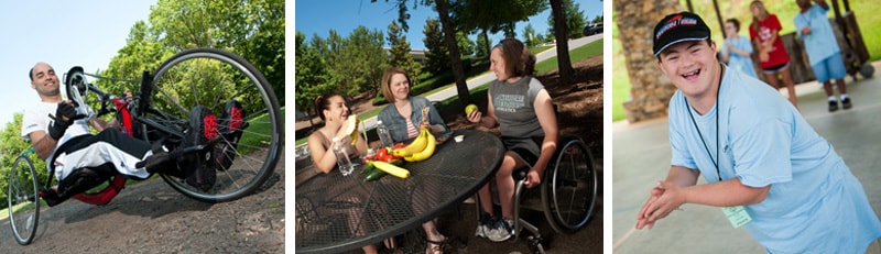 Collage: Man on bike, Women talking at outdoor table, and boy pretending to hit a ball