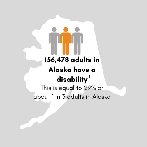 156,478 adults in Alaska have a disability. This is equal to 29 percent or 1 in 3 adults in Alaska