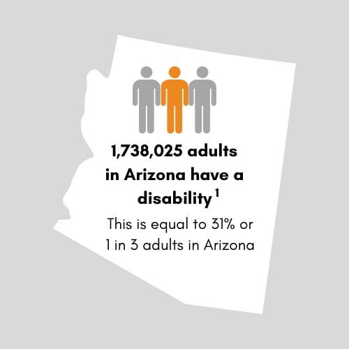 1,738,025 adults in Arizona have a disability. This is equal to 31 percent or 1 in 3 adults in Arizona