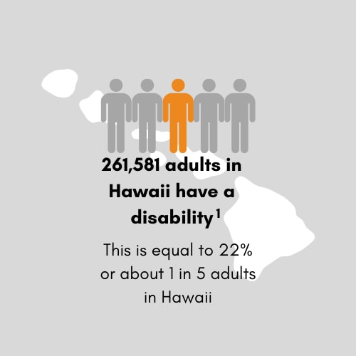 261,581 adults in Hawaii have a disability. This is equal to 22 percent or 1 in 5 adults in Hawaii.