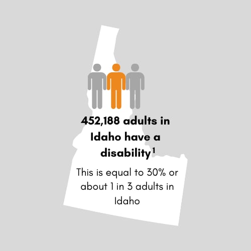 452,188 adults in Idaho have a disability. This is equal to 30 percent or 1 in 3 adults in Idaho.