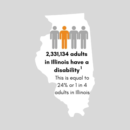 2,331,134 adults in Illinois have a disability. This is equal to 24 percent or 1 in 4 adults in Illinois