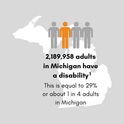 2,310,271 adults in Michigan have a disability.  This is equal to 29 percent or 1 in 3 adults in Michigan.