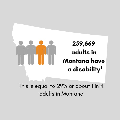 250,394 adults in Montana have a disability. This is equal to 29 percent or 1 in 3 adults in Montana.