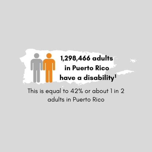 1,298,466 adults in Puerto Rico have a disability. This is equal to 42 percent or 1 in 2 adults in Puerto Rico.