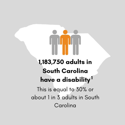 1,183,750 adults in South Carolina have a disability. This is equal to 30 percent or 1 in 3 adults in South Carolina.