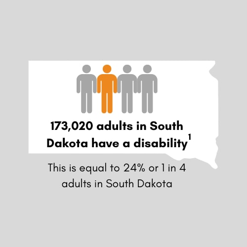 173,020 adults in South Dakota have a disability. This is equal to 24 percent or 1 in 4 adults in South Dakota.