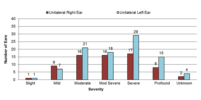 Among unilateral mixed cases, in the right ear, 1 had slight, 9 had mild, 16 had moderate, 16 had moderately severe, 17 had severe, 8 had profound and 2 had an unknown severity of hearing loss. In the left ear, 1 had slight, 7 had mild, 21 had moderate, 18 had moderately severe, 29 had severe, 15 had profound and 4 had an unknown severity of hearing loss.