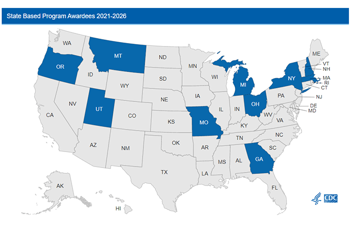 Map screen shot, showing states with programs (detailed in text)