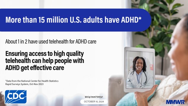 Graphic that shows a woman using a tablet to attend a telehealth appointment with her doctor. Text reads, "More than 15 million U.S. adults have ADHD. About 1 in 2 have used telehealth for ADHD care. Ensuring access to high quality telehealth can help people with ADHD get effective care. Data from the National Center for Health Statistics Rapid Surveys System, October - November 2023."