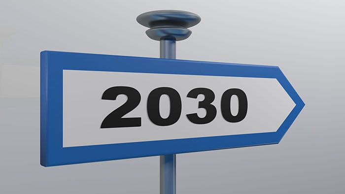 2030 blue street sign on white background - 3D rendering illustration