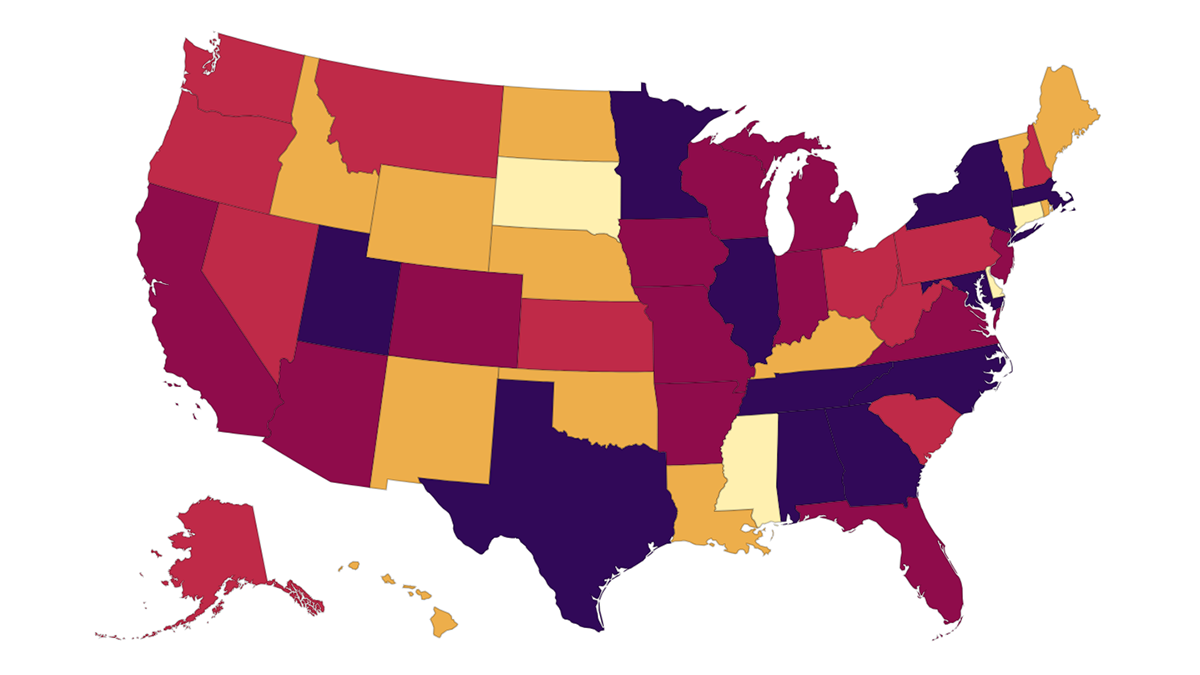 map of the united states with states shaded based on funding levels, details to follow.