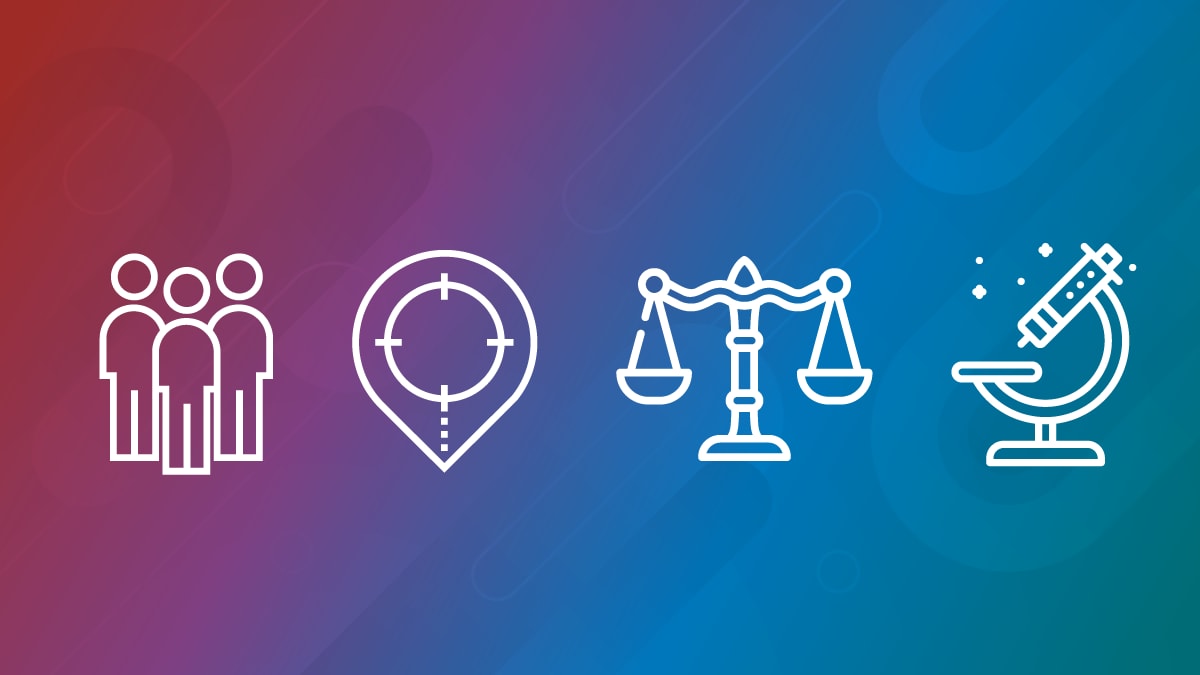 Four icons representing NCHHSTP's syndemics approach: people, location, scale, and microscope.