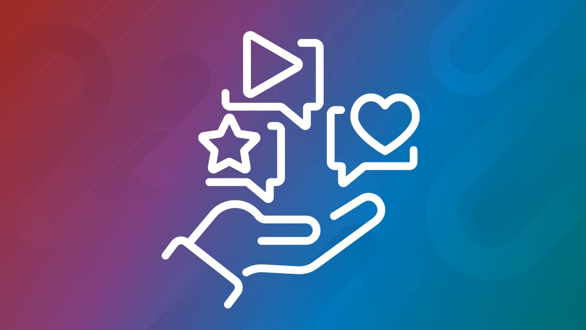 Illustration of a hand sharing icons of a star, a heart, and a video play button