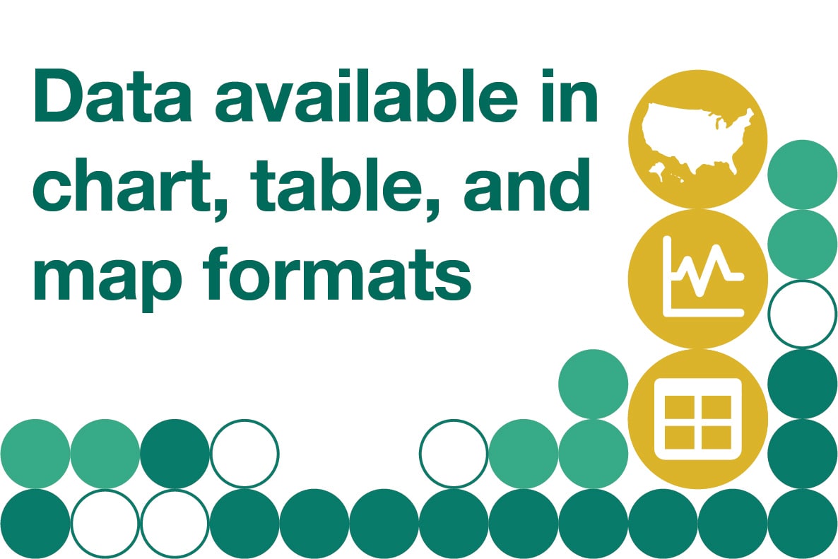 Says Data available in chart, table, and map formats with images of those things and data dots