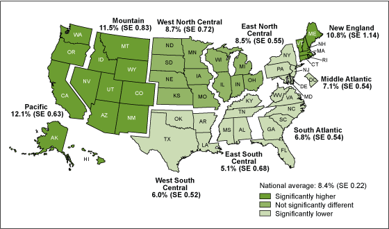 Figure 4 is a United States map showing the percentage of adults who practiced yoga with deep breathing or meditation in the past 12 months, by region for 2012.