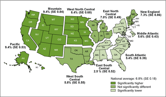 Figure 5 is a United States map showing the percentage of adults who used massage therapy in the past 12 months, by region in 2012.