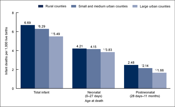 Figure 1 is a bar chart showing the total infant, neonatal, and postneonatal mortality rates in rural, small and medium urban, and large urban counties for combined years 2013 through 2015.