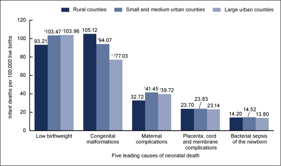 Figure 3 is a bar chart showing the neonatal mortality rates in rural, small and medium urban, and large urban counties for the five leading causes of neonatal death for combined years 2013 through 2015.