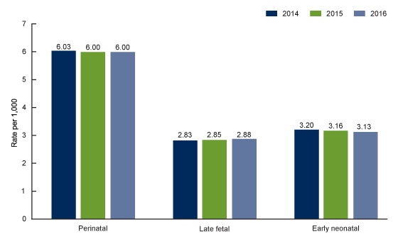 Figure 1 is a bar chart showing perinatal, late fetal, and early neonatal mortality rates for the United States for 2014 through 2016.