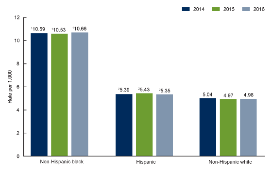 Figure 3 is a bar chart showing the perinatal mortality rate for 49 states and the District of Columbia by race and Hispanic origin for 2014 through 2016.