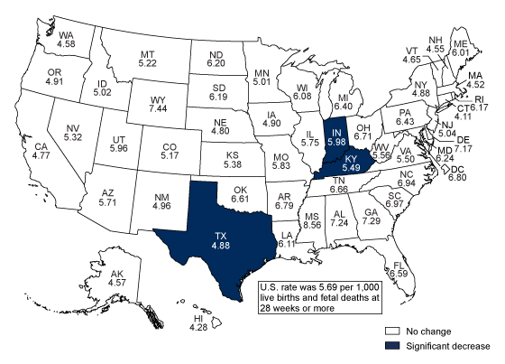 Figure 4 is a map of the United States showing the perinatal mortality rates by state for 2019 and the change in 2019 compared with 2017.