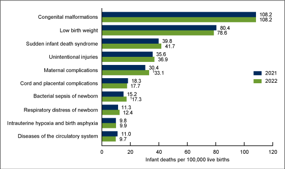 Figure 5 is a horizontal bar graph showing the infant mortality rate for the 10 leading causes of infant death in the United States in 2021 and 2022.