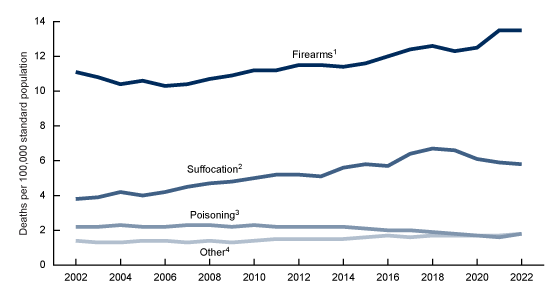 Figure 5 A line graph that shows age-adjusted suicide rates for males, by means of suicide in the United States from 2002 and 2022.