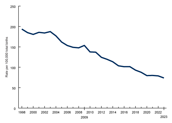 Figure 1 is a line chart showing the triplet and higher-order multiple birth rate in the United States from 1998 through 2023.