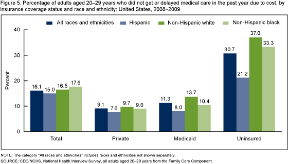 Figure 5 is a bar chart showing the percentage of adults 20 to 29 years of age who needed medical care but did not get it due to cost in the past 12 months by insurance status and race and ethnicity in 2008-2009.