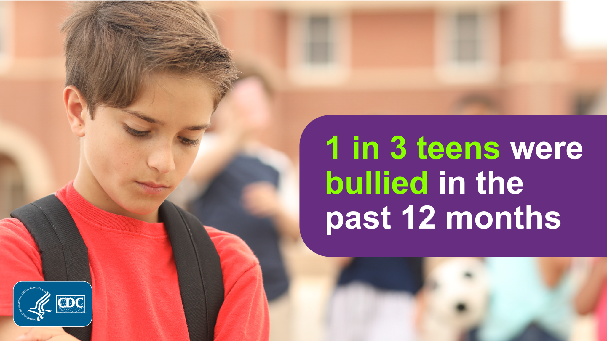 Portrait of a pensive teenaged boy with text: 1 in 3 teens were bullied in the past 12 months.