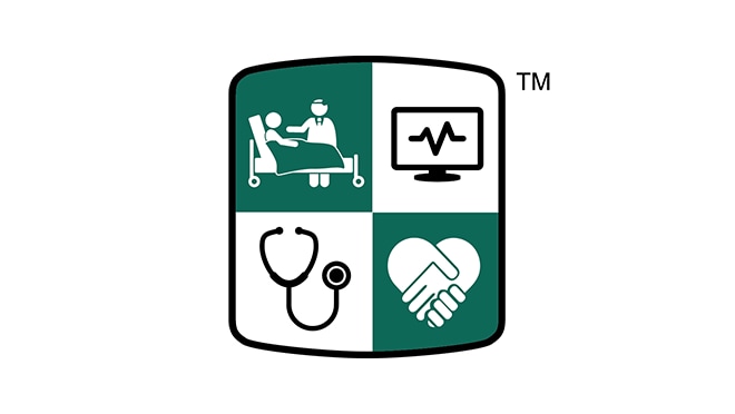 Green and white shield shows healthcare related icons