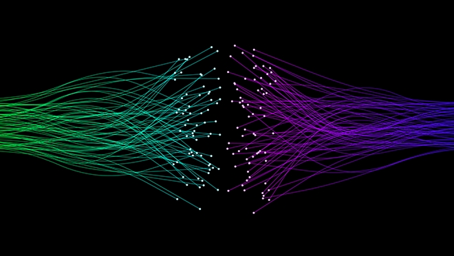 Image shows two swarms of dots, one purple and one green. Each swarm represents a data stream. They are converging.