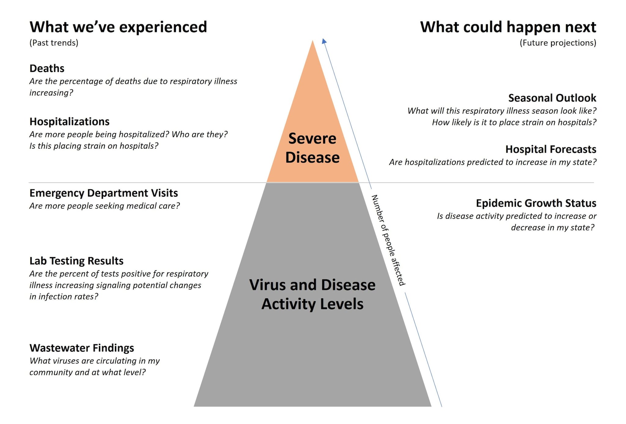 Infographic showing disease surveillance data systems and tools, with sections for monitoring past trends and providing future projections.